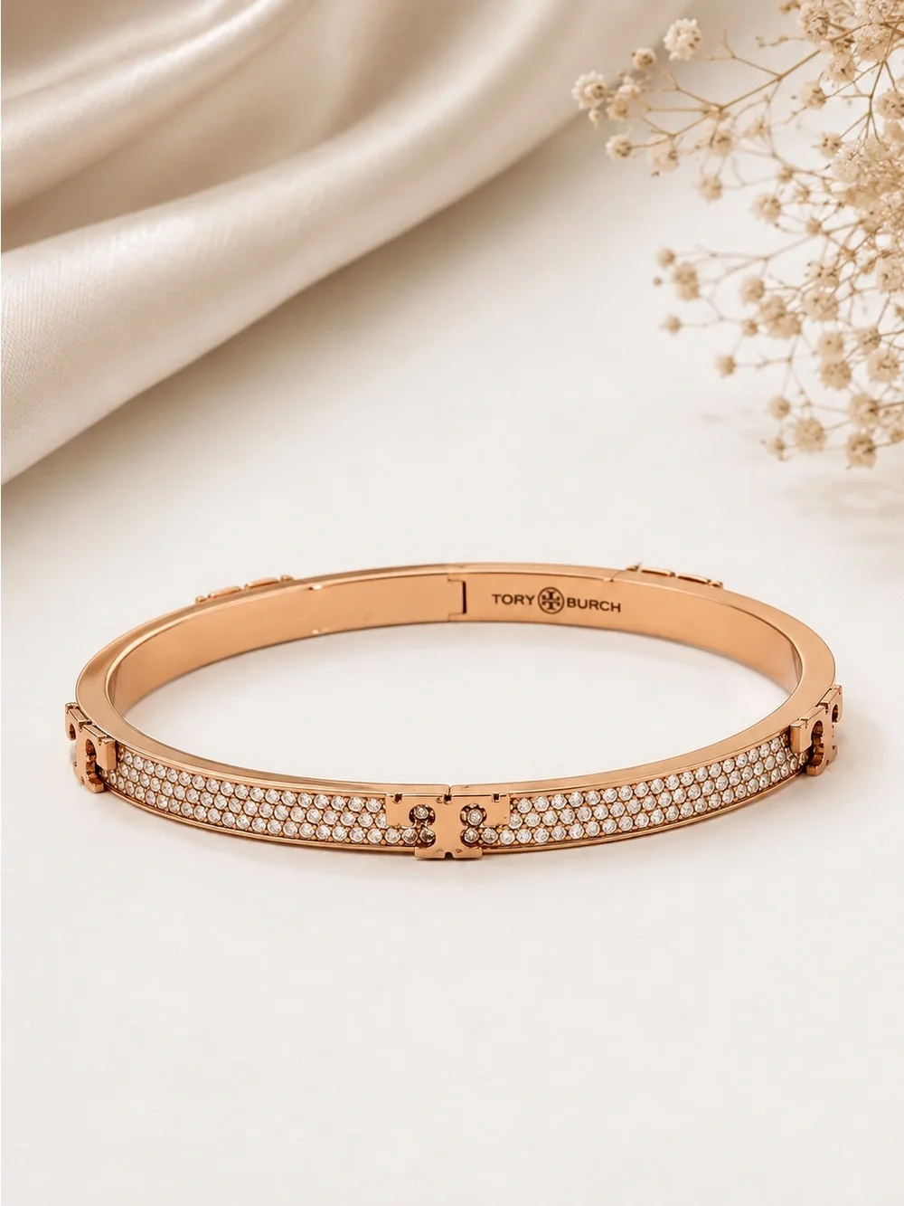 Tory Burch Serif-T pavé hinged bracelet in Rose Gold